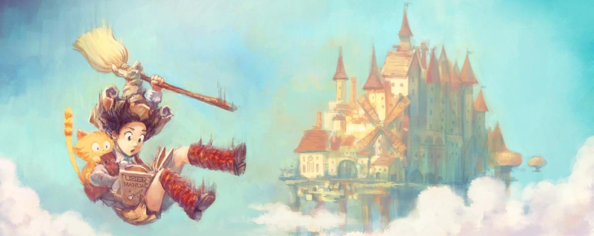 dessin de Pepper et Carrot, deux personnages dessinés par David Revoy, ils volent dans un ciel bleu avec un château en arrière plan